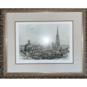 Vintg Print On Silk Triple Matted and Framed ST STEPHEN'S CATHEDRAL Signed MINT